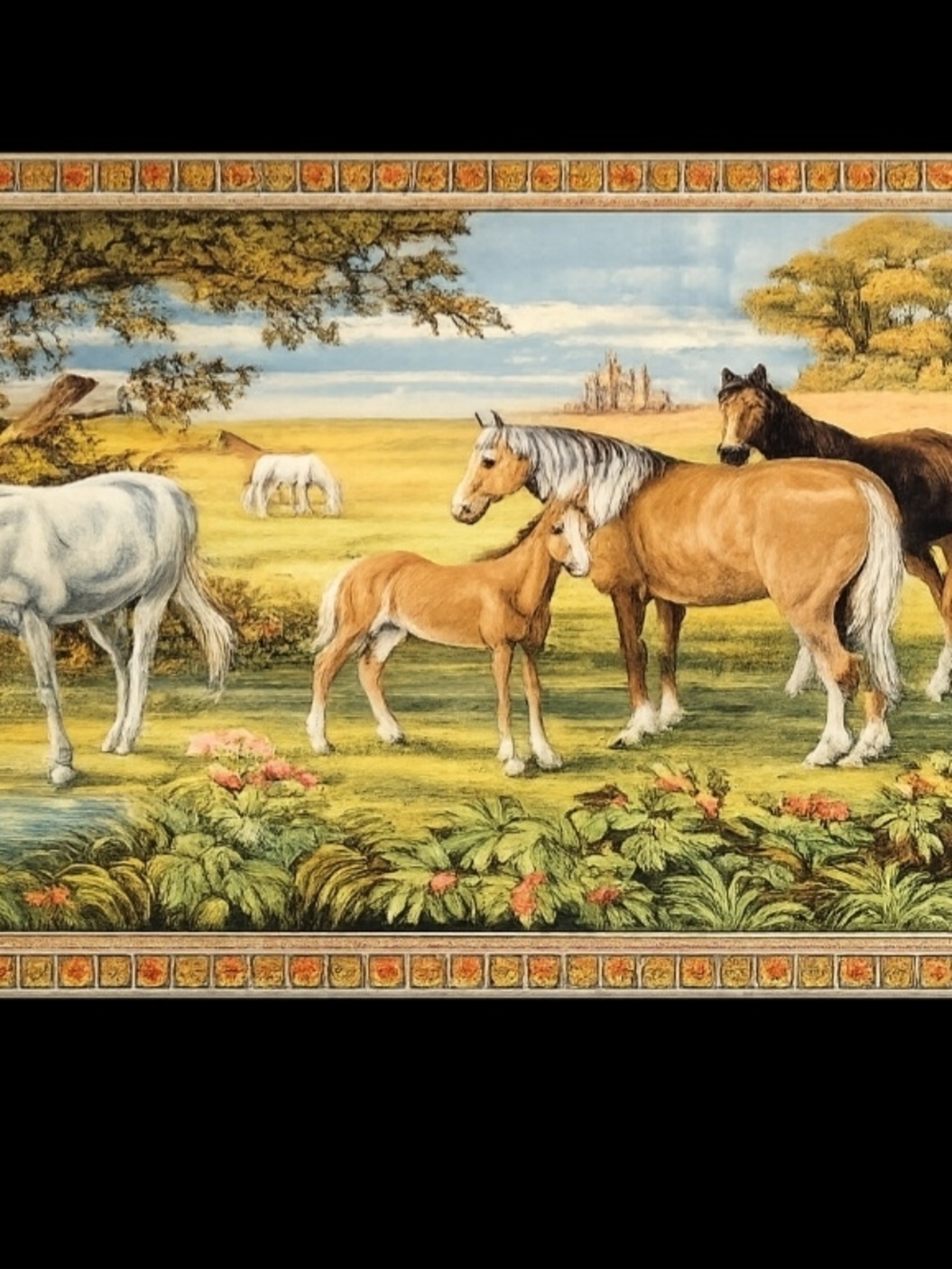Vintage & Vibrant-Velvet Wall Tapestry-Horses Grazing In A Field-Great Condition